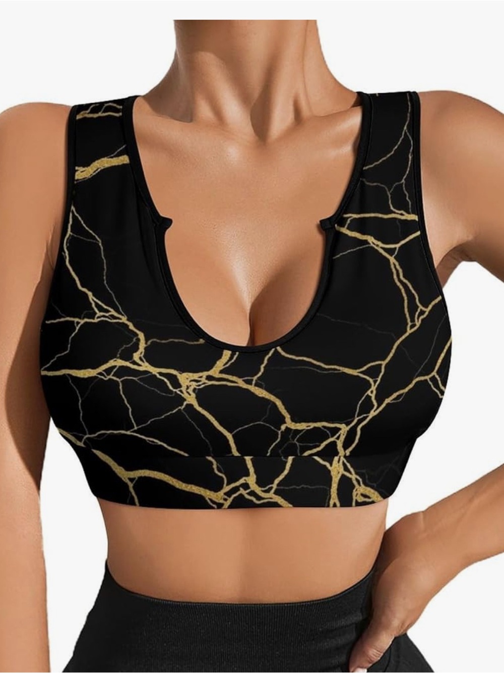 Sleeveless Casual Black & Gold Marble Scoop Neck Sports Bra